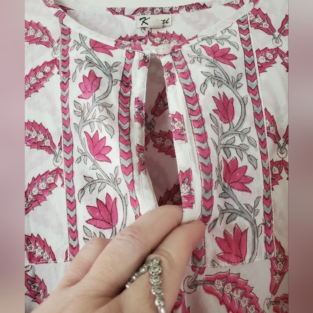 Karni Floral BoHo Cottagecore Maxi Dress Size Small White Pink Pockets - Picture 5 of 10